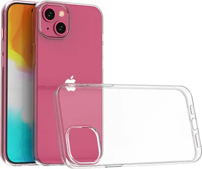 A pink iPhone with a clear protective case.