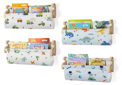 Productafbeelding van Houten wandplanken voor kinderen, set van 4, met dinosaurusprint, voor in de kinderkamer