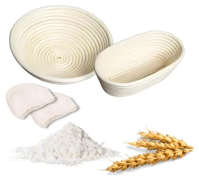Produktbild von Gärkorb Set Rund & Oval | Rattan Banneton für Sauerteig & Hefeteig | Perfekte Teiggare, knusprige Kruste, Backen rustikale Brote Gärkorb Set Brotkorb.
