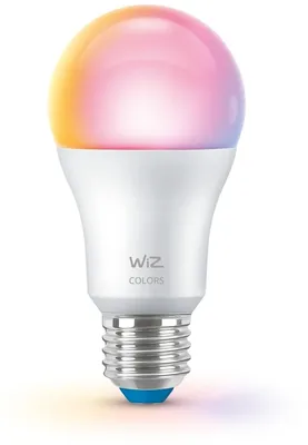 A smart LED light bulb with multiple colors displayed on its glass.
