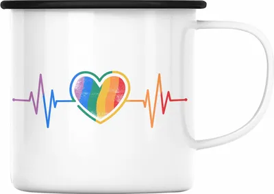 Produktbild von Trendation - LGBT Emaille Tasse Geschenk für Schwule Lesben Transgender Regenbogen Herzschlag Lustige Grafik (Schwarz)