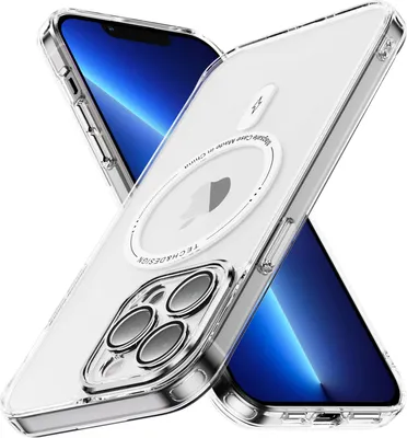 A clear iPhone case with MagSafe compatibility is shown, with a blue iPhone screen visible inside.