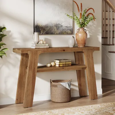 Zdjęcie produktu dla Konsola z litego drewna, 120 cm Stolik pomocniczy w stylu rustykalnym z dwiema półkami, za sofą, stolik w przedpokoju, stolik do sofy