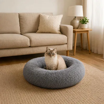 Produktbild von belviona Donut Katzenbett, weiches Katzenkörbchen mit flauschigem Plüsch, rutschfest & gemütlich, 60 cm Durchmesser, dunkelgrau, KI-generiertes Bild