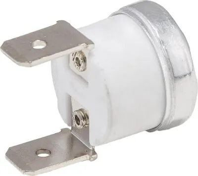 A close-up studio shot of a white thermostat with silver metal terminals.