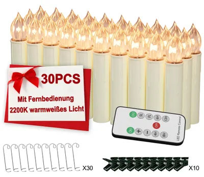 Immagine prodotto di Set di 30 candele LED LILIIN con ganci + 10 clip, candele natalizie, luce bianco caldo, telecomando, timer, dimmerabili, senza fiamma, incluse batterie