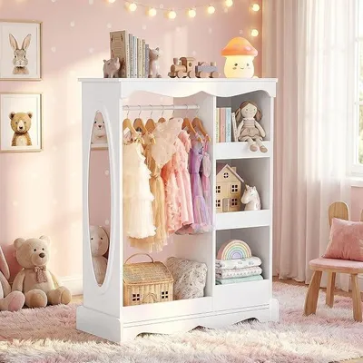 Produktbild von Kinder Kleiderschrank, Kindergarderobe mit Spiegel, Kleiderstange, Kinderzimmer mit Regalens Weiß