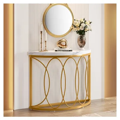 Produktbild von Gold Konsolentisch, Beistelltisch mit Metallrahmen und Halbmonddesign, Moderner Sofatisch für Wohnzimmer, Foyer und Flur