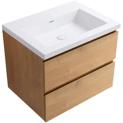 Productafbeelding van Badkamermeubel Carole - notenhoutkleur + wastafel van gietmarmer Ovo - wit, glanzend - 70,5x53x46,5 cm
