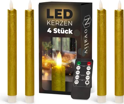 Produktbild von Stabkerzen LED mit Timer GOLD 4 Stück GOLD indoor - 6 Stunden - ECHTWACHS 23cm Höhe für Kerzen 2,2cm Durchmesser 2 AAA Batterien notwendig LED Stabkerzen flackernde Flamme bewegliche Flamme Licht