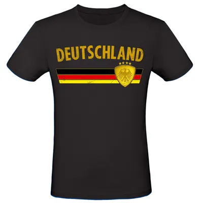 Produktbild von WM EM Fan Shirt Länder T-Shirt Fußball Fanartikel Herren Damen 100% Baumwolle Land wählen: Deutschland - schwarz gold Shirt Größe wählen: L