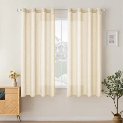 Zdjęcie produktu dla Zestaw dwóch przezroczystych zasłon z lnu z oczkami – 140x145 cm, kolor beżowy