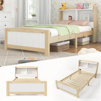 Produktbild von Sweiko Massivholzbett Einzelbett mit Stauraumkopfteil und Lattenrost, Kiefer massiv, 90 x 200 cm Natur und weiß