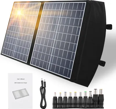 Zdjęcie produktu dla Przenośny zestaw paneli słonecznych 60 W, składana ładowarka słoneczna, awaryjny panel słoneczny do użytku na zewnątrz, na kemping, wędrówki, do kampera, samochodu, łodzi