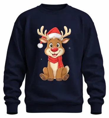 Zdjęcie produktu dla Christmas Reindeer Cute Kids Cartoon Gift Winter Cute Uni  Sweatshirt Pullover, Navy, L