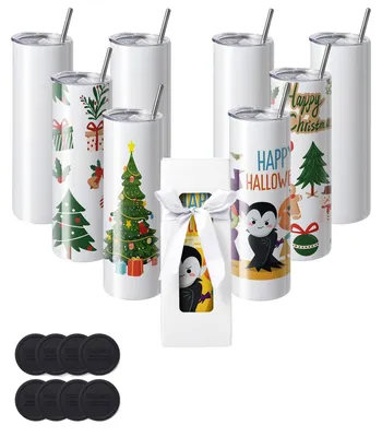 Immagine prodotto di VEVOR confezione da 8 tazze a sublimazione diritta, tazza vuota da 887 ml, tazza a doppia parete in acciaio inossidabile con cannuccia, coperchio, pennello, base, pellicola termoretraibile, confezione regalo, per stampa e trasferimento termico