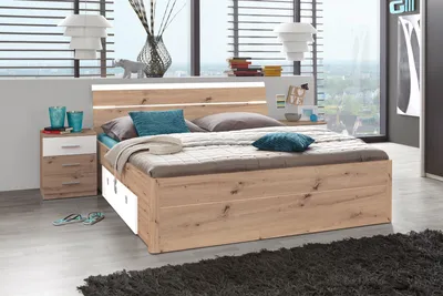 Produktbild von Bettanlage Jugendbett Bettgestell Ehebett Bettrahmen Doppelbett Bett "Isobel I" Artisan Eiche/Weiß