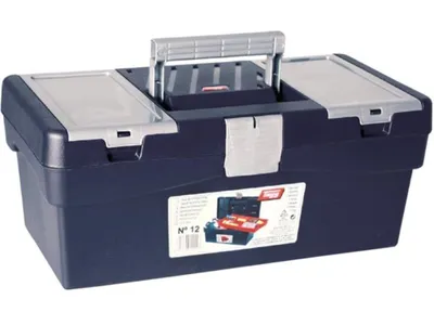 A dark blue plastic toolbox with a silver handle and latches, shown from the front.
