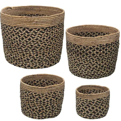 4er-Set Seegras-Körbe, Natur/Schwarz, 35–20 cm