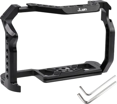 Produktbild von JLwin Metall-Kamerakaefig aus Aluminiumlegierung mit Schnellwechselplatte, Kaltschuhmontage, zahlreiche 1/4-Zoll-20- und 3/8-Zoll-16-Gewindeloecher, kompatibel mit der Canon EOS R5/R6-Kamera