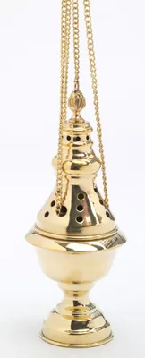 Produktbild von Weihrauchfass mit Kette zum Hängen aus Messing Gold poliert Höhe 24 cm mit Innenschale aus Stahl für die Räucherkohle