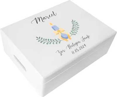Produktbild von Creative Deco Aufbewahrungsbox Taufe Kerze | Personalisierte Holzkiste mit Griffen Weiß