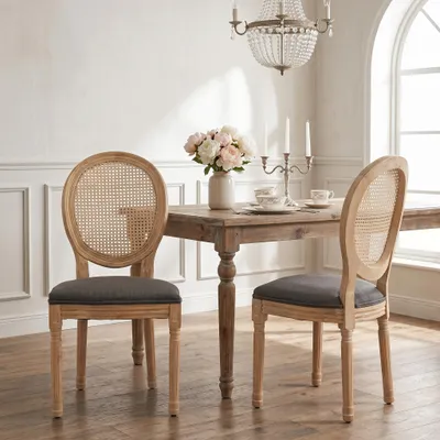 Produktbild von LVHOM 2er Set Esszimmerstühle Medaillonstuhl mit Wiener Geflecht,  Polsterstuhl Leinen Französischer Landhausstil Vintage Holzstuhl Küchenstuhl, Grau