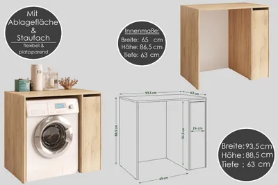 Produktbild von Carl Svensson W-222 Waschmaschinenschrank mit Ablage & Stauraum 93,5x88,5x63 cm Badezimmerschrank Waschmaschinenunterschrank