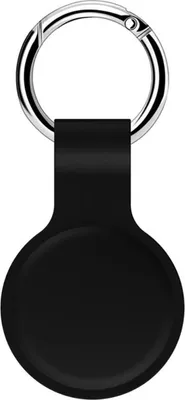 A black keychain accessory for an Apple AirTag.