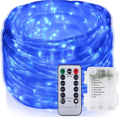 A coiled string of blue LED lights with a remote control and battery pack.