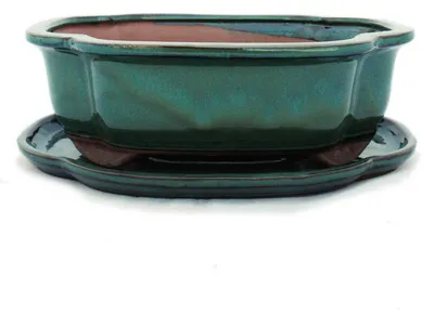 Obrázek produktu pro Bonsajová miska s podšálkem Velikost 4 - zelená - haitský ovál - Model I4 - D 26cm - Š 20,5cm - V 8,5cm