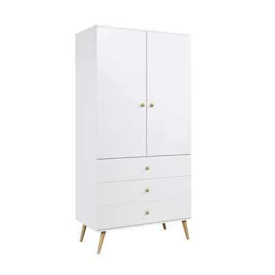 Produktbild von Kleiderschrank 100 cm Weiß mit Schubladen und Stange Holzbeine Boho Skandi Schrank
