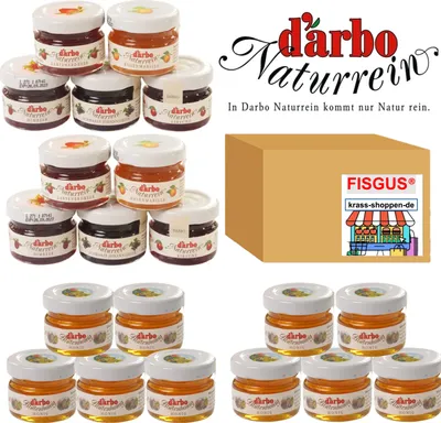 Produktbild von 20 x Darbo leckerer Frühstücks Mix - 10 Mini Gläser Darbo Konfitüre (5 Sorten) & 10 Mini Gläser Darbo Blütenhonig. Je Mini Glas 28g.