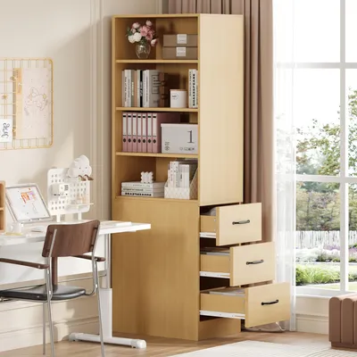 Produktbild von Merax schmales Bücherregal 180 cm, Hochregal mit 3 seitlichen Schubladen, Offene Regale, Vitrine für Wohnzimmer Schlafzimmer Büro, Natur