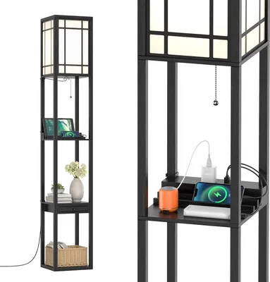 Produktbild von Stehlampe mit 3 Ebenen & Schublade, USB-Ladeanschluss, Stehleuchte mit Zugschalter für Wohnzimmer, Schlafzimmer, Büro (Schwarz)
