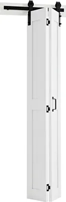 A white bi-fold sliding barn door is shown against a white background.