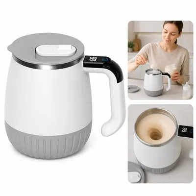 Produktbild von Selbstrührender Becher elektrisch USB wiederaufladbar, 6500 U/min, 316 Edelstahl Innenbecher, LCD Temperaturanzeige, für Kaffee Milch Kakao, tragbar