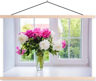 Produktbild von MuchoWow® Textilposter Blumen - Pfingstrosen - Vase 120x80 cm mit holzfarbenen Rahmen - Aufhängeset
