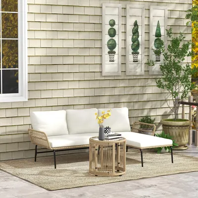 Produktbild von Gartenmöbel-Set 3-teilig PE-Rattan, Lounge Sitzgruppe Sofa Sonnenliege, Polyrattan Metall, Cremeweiß | 122x79x75 cm | 30 kg | UV-beständig