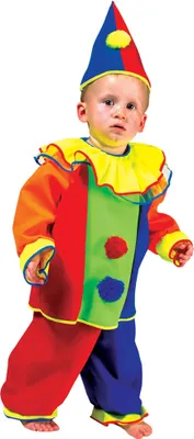 A child wearing a colorful clown costume.