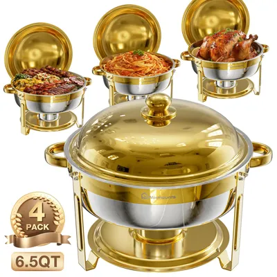 Obrázok produktu pre Nádoby na udržiavanie teploty pre bufet – Sada okrúhlych ohrevných misiek 6,2 l – nerezová oceľ – ohrev jedál vo vodnom kúpeli – pre domácnosť a vianočný bufet – sada 4 ks