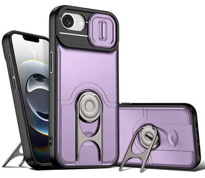 Image de Coque pour iPhone 16e / iPhone 17e avec protection pour l'appareil photo et anneau-support, coque hybride antichoc, couleur violette