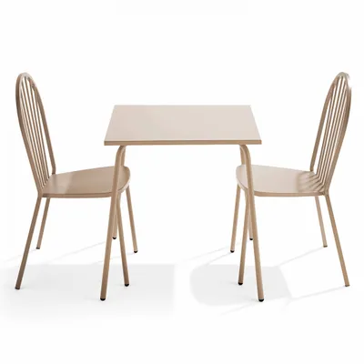 Produktbild von Set aus Gartentisch und 2 Bistrostühlen aus taupefarbenem Stahl - Oviala Palavas
