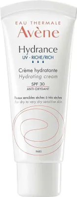 A white tube of Avene Hydrance UV-Riche Hydrating Cream with SPF 30.