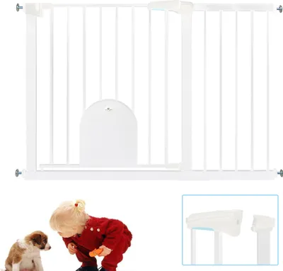 Image de LZQ Barrière de sécurité sans perçage, 105-115cm Barrière de sécurité avec portillon pour enfants, chiens et chats, barrière d'escalier avec fonction auto-close & keep-open, blanche