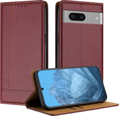 Produktbild von Handyhülle für Google Pixel 7 Leder Flip Klappbare Schutzhülle mit Standfunktion Dunkelrot