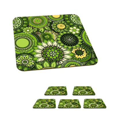 Obrázek produktu pro KitchenYeah® Skleněné podtácky Square Set of 6 Flowers - Green - Pattern 10x10 cm Coasters for Glasses - Drink Coasters - Table Top Protectors - Table Coasters for Cups Table Bar Glass