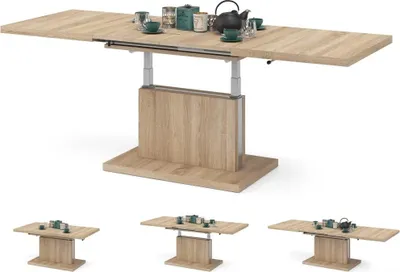 A light wood adjustable coffee table is shown in its extended state, with a tea set on top. Below are three smaller images showing the table in different configurations.