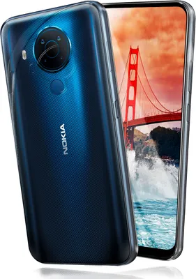 A blue Nokia smartphone in a clear case, with the Golden Gate Bridge on its screen.