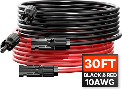 Obrázek produktu pro VEVOR 9,14 m solární kabel, sada 2 prodlužovacích kabelů, 10AWG kabel s vodotěsnými zásuvkami a zástrčkami, PV kabel černý + červený